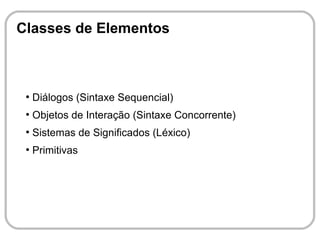 Classes de Elementos



 ●
     Diálogos (Sintaxe Sequencial)
 ●
     Objetos de Interação (Sintaxe Concorrente)
 ●
     Sistemas de Significados (Léxico)
 ●
     Primitivas
 