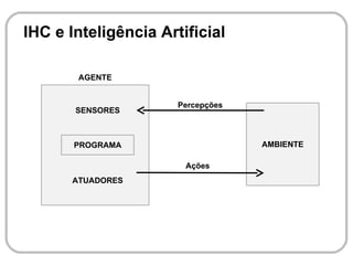 IHC e Inteligência Artificial

        AGENTE


                      Percepções
       SENSORES



       PROGRAMA                    AMBIENTE

                       Ações
       ATUADORES
 