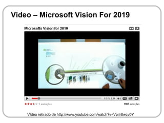 Vídeo – Microsoft Vision For 2019




    Vídeo retirado de http://www.youtube.com/watch?v=VpiIr8wcv0Y
 