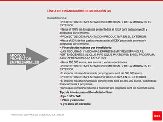 LÍNEA DE FINANCIACIÓN DE MEDIACIÓN (2)

                          Beneficiarios:
                                  §PROYECTOS DE IMPLANTACION COMERCIAL Y DE LA MARCA EN EL
                                  EXTERIOR.
                                  §Hasta el 100% de los gastos presentados al ICEX para cada proyecto y
                                  aceptados por el mismo.
                                  §PROYECTOS DE IMPLANTACION PRODUCTIVA EN EL EXTERIOR.
                                  §Hasta el 50% de los gastos presentados al ICEX para cada proyecto y
                                  aceptados por el mismo.
                                  § Financiación máxima por beneficiario:
                                  §LAS PEQUEÑAS Y MEDIANAS EMPRESAS (PYME) ESPAÑOLAS,
APOYO A                           PERTENECIENTES AL CLUB PIPE OQUE PARTICIPEN EN EL PROGRAMA
PROYECTOS                         ICEX “APRENDIENDO A EXPORTAR”
EMPRESARIALES                     §Hasta 100.000 euros, sea en una o varias operaciones.
                                  §PROYECTOS DE IMPLANTACION COMERCIAL Y DE LA MARCA EN EL
                                  EXTERIOR.
                                  §El importe máximo financiable por programa será de 500.000 euros.
                                  §PROYECTOS DE IMPLANTACION PRODUCTIVA EN EL EXTERIOR.
                                  §El importe máximo financiable por proyecto será de 250.000 euros, pudiéndose
                                  financiar hasta 2 proyectos,
                                  §por lo que el importe máximo a financiar por programa será de 500.000 euros.
                                  Tipo de interés para el Beneficiario Final:
                                  §Fijo, 1,50% TAE
                                  § Plazo y carencia:
                                  §3 y 5 años sin carencia


INSTITUTO ESPAÑOL DE COMERCIO EXTERIOR
 