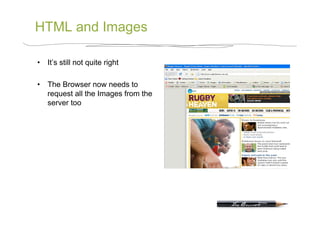 HTML and Images

•  It’s still not quite right

•  The Browser now needs to
   request all the Images from the
   server too
 