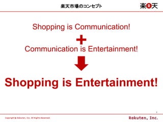 楽天市場のコンセプト



     Shopping is Communication!

   Communication is Entertainment!



Shopping is Entertainment!

         ...