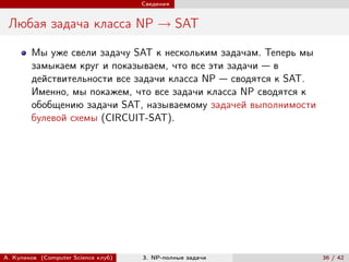 Сведения


 Любая задача класса NP → SAT

        Мы уже свели задачу SAT к нескольким задачам. Теперь мы
        замыкаем круг и показываем, что все эти задачи — в
        действительности все задачи класса NP — сводятся к SAT.
        Именно, мы покажем, что все задачи класса NP сводятся к
        обобщению задачи SAT, называемому задачей выполнимости
        булевой схемы (CIRCUIT-SAT).




А. Куликов (Computer Science клуб)   3. NP-полные задачи          36 / 42
 
