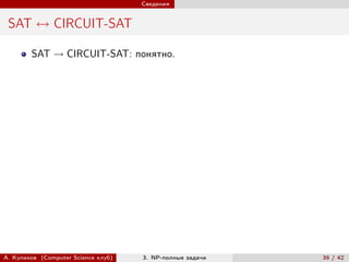 Сведения


 SAT ↔ CIRCUIT-SAT

        SAT → CIRCUIT-SAT: понятно.




А. Куликов (Computer Science клуб)   3. NP-полные задачи   39 / 42
 