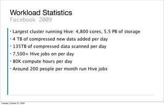 Workload Statistics
         Facebook 2009
         ▪   Largest cluster running Hive: 4,800 cores, 5.5 PB of storage
         ▪   4 TB of compressed new data added per day
         ▪   135TB of compressed data scanned per day
         ▪   7,500+ Hive jobs on per day
         ▪   80K compute hours per day
         ▪   Around 200 people per month run Hive jobs




Tuesday, October 27, 2009
 