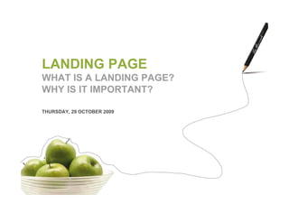 LANDING PAGE
WHAT IS A LANDING PAGE?
WHY IS IT IMPORTANT?

THURSDAY, 29 OCTOBER 2009
 