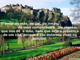 O amor de mãe, de pai, de irmão,  de uma companheira...De alguém que nos dê  a mão, nem que seja a presença de um cão, porque é tão doloroso viver na solidão!  