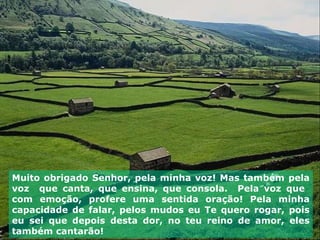 Muito obrigado Senhor, pela minha voz! Mas também pela voz  que canta, que ensina, que consola.  Pela voz que  com emoção, profere uma sentida oração! Pela minha capacidade de falar, pelos mudos eu Te quero rogar, pois eu sei que depois desta dor, no teu reino de amor, eles também cantarão! 