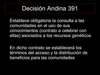 Decisión Andina 391 Establece obligatoria la consulta a las comunidades en el uso de sus conocimientos (contrato a celebrar con ellas) asociados a los recursos genéticos En dicho contrato se establecerá los términos del acceso y la distribución de beneficios para las comunidades 