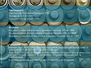 Internacional  Convenio de Diversidad Biológica 1992 Tratado de la FAO 2001 Convenio 169 de la OIT 1989 Regional   Régimen Común sobre recursos genéticos Decisión 391 de 1996 Régimen Común de la propiedad industrial Decisión 486 del 2000 Régimen común de las Obtenciones Vegetales Decisión 345 de 1993 Nacionales   Panamá.  Ley 20 del 2000, Régimen especial de propiedad intelectual sobre el conocimiento colectivo de los pueblos indígenas  Perú.  Ley 27811 del 24 de julio de 2002 establece el régimen para la protección del conocimiento colectivo de los pueblos indígenas relacionado con la biodiversidad. Colombia no cuenta con una legislación específica en la materia  http://www.flickr.com/photos/38837670@N06/3699676629/ 