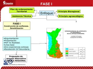 Argumentación Presentación POT Vs Realidad. Línea base Gira experiencias exitosas Recolección Inf Secundaria. FASE I Construcción de confianzas.   Sensibilización Enfoque Principio Bioregional Principio agroecológico Plan de ordenamiento  Territorial Asistencia Técnica Propuesta de  manejo Alternativo ESCALA REGIONAL Esquematizado por Abaunza et al FASE I 