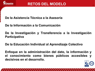 De  la Asistencia Técnica a la Asesoría De la Información a la Comunicación De la Investigación y Transferencia a la Investigación Participativa De la Educación Individual al Aprendizaje Colectivo Enfoque en la administración del dato, la información y el conocimiento como bienes públicos accesibles y decisivos en el desarrollo. RETOS DEL MODELO 