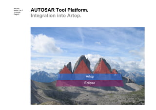 AUTOSAR Tool Platform.
ARText
BMW Car IT
11/20/09
Page 9
             Integration into Artop.




                                   Artop
                                  Eclipse
 