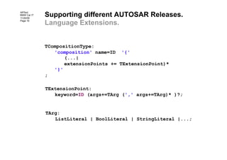 Supporting different AUTOSAR Releases.
ARText
BMW Car IT
11/20/09
Page 16
             Language Extensions.


            ...