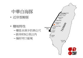 中華白海豚
• 近岸型鯨豚

• 棲地特性
 – 棲息水深少於25公尺
 – 距岸約5公里以內
 – 偏好河口區域
 