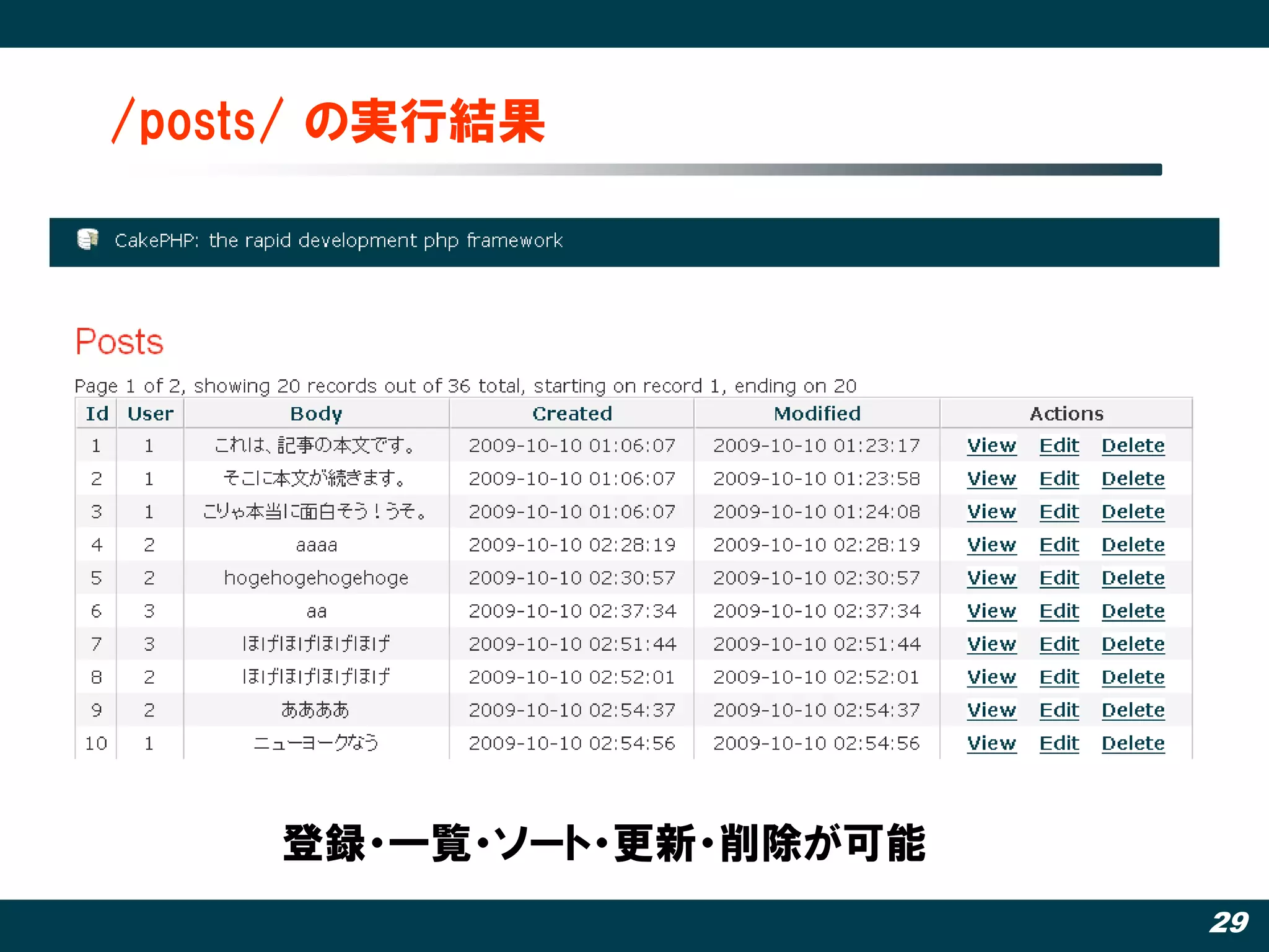 /posts/ の実行結果




     登録・一覧・ソート・更新・削除が可能
                          29
 