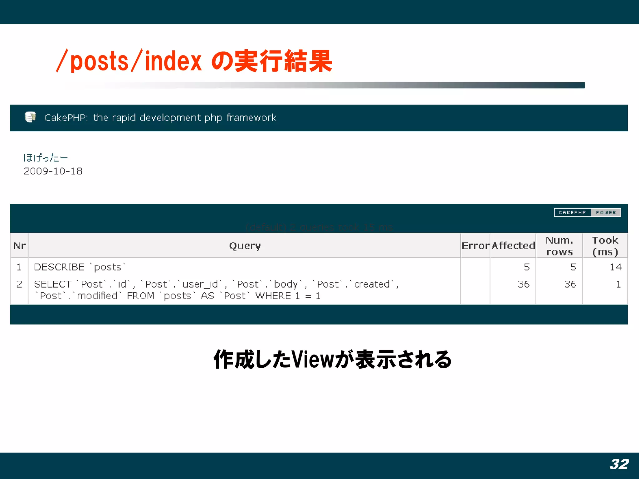 /posts/index の実行結果




          作成したViewが表示される



                           32
 