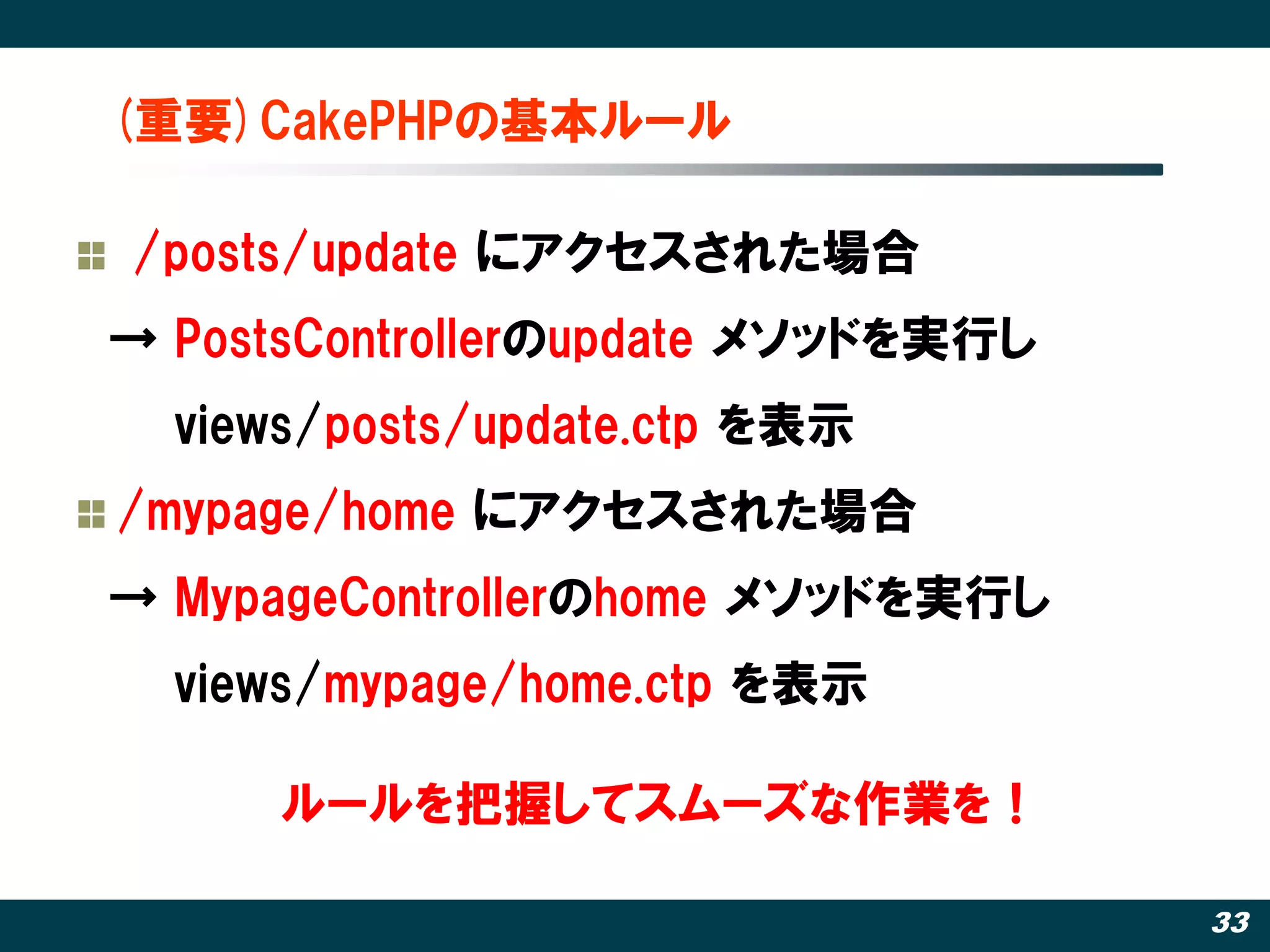 (重要)CakePHPの基本ルール

/posts/update にアクセスされた場合
→ PostsControllerのupdate メソッドを実行し
  views/posts/update.ctp を表示
/mypage/home にアクセスされた場合
→ MypageControllerのhome メソッドを実行し
  views/mypage/home.ctp を表示

      ルールを把握してスムーズな作業を！

                                    33
 