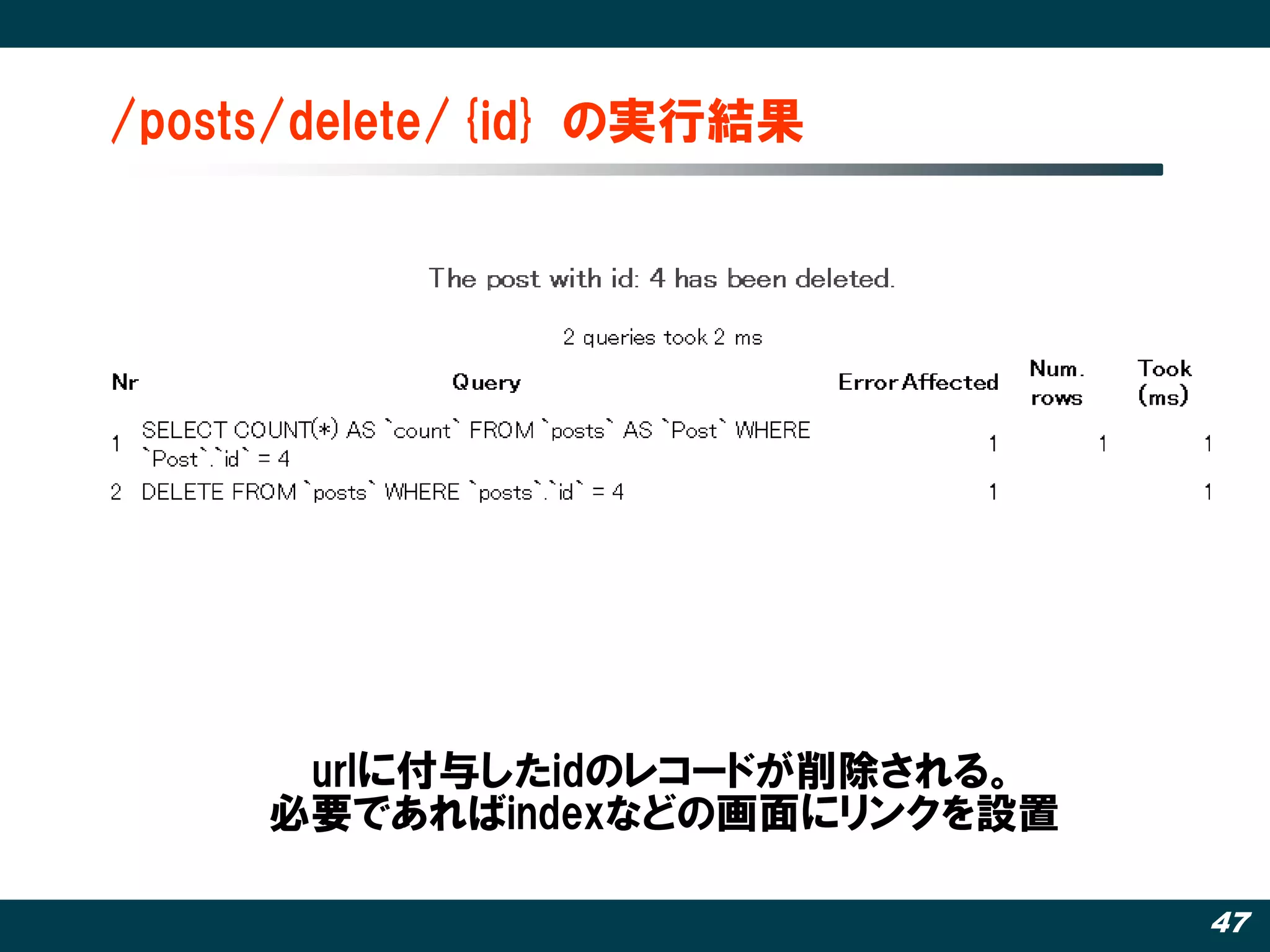 /posts/delete/{id} の実行結果




      urlに付不したidのレコードが削除される。
     必要であればindexなどの画面にリンクを設置

                               47
 