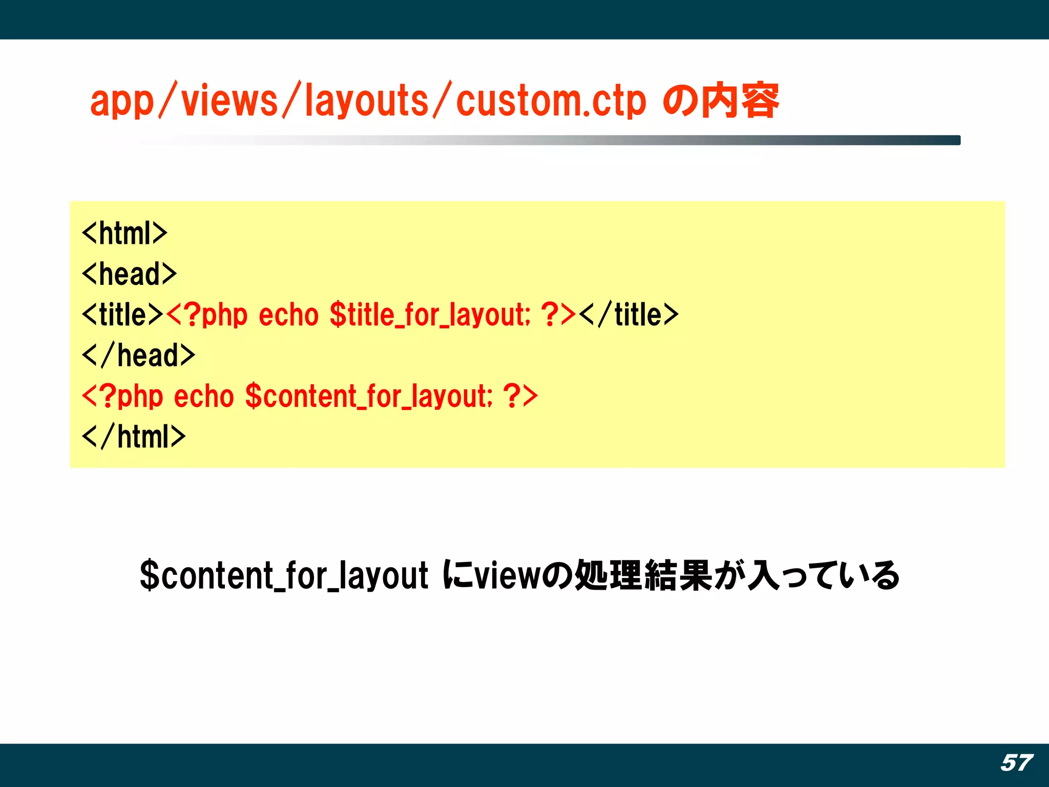 app/views/layouts/custom.ctp の内容


<html>
<head>
<title><?php echo $title_for_layout; ?></title>
</head>
<?php echo $content_for_layout; ?>
</html>



    $content_for_layout にviewの処理結果が入っている




                                                  57
 
