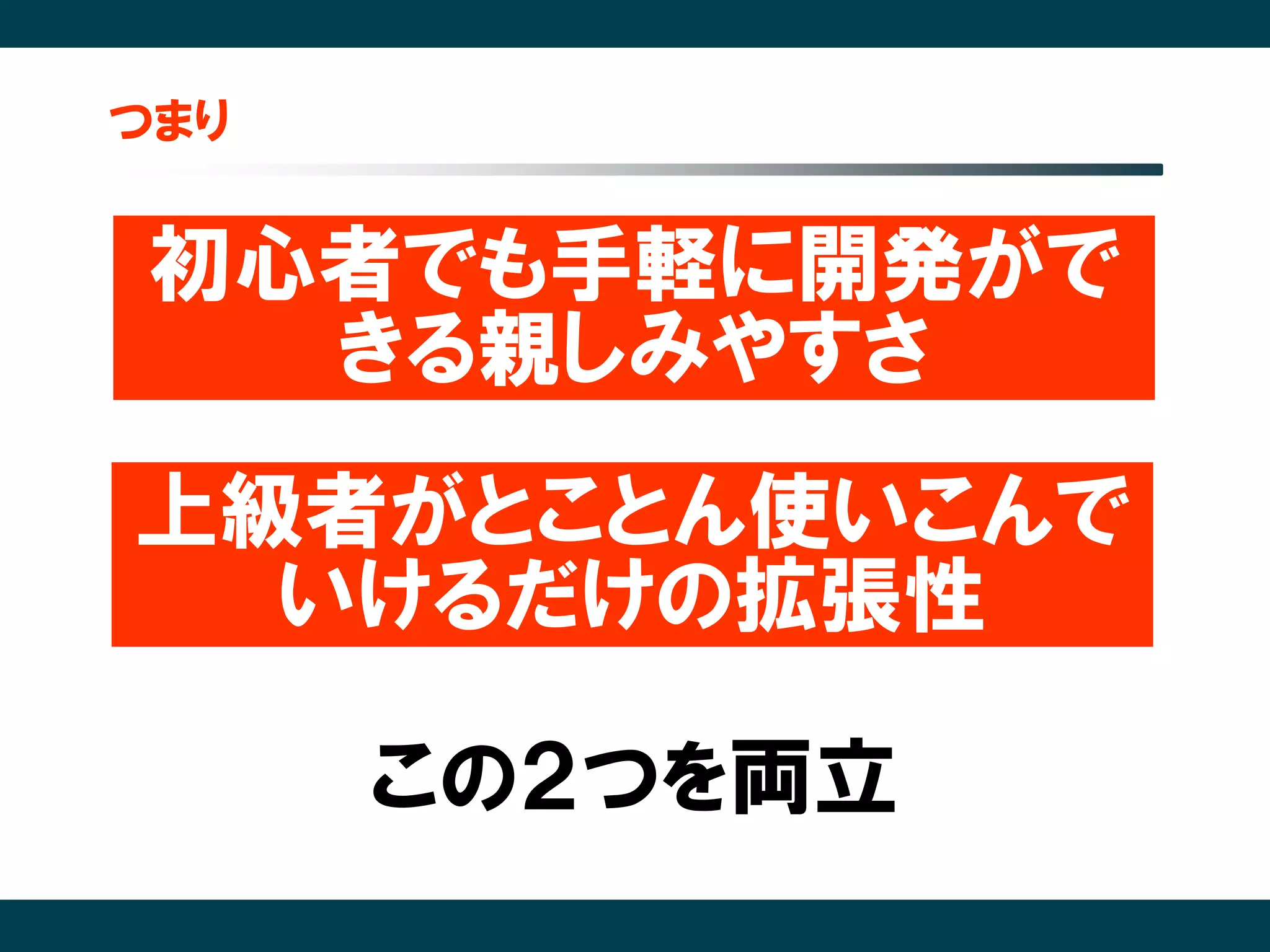つまり


初心者でも手軽に開発がで
  きる親しみやすさ
上級者がとことん使いこんで
  いけるだけの拡張性

      この２つを両立
 