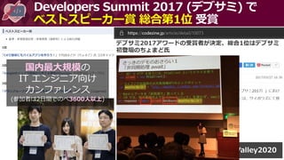 Developers Summit 2017 (デブサミ) で
ベストスピーカー賞 総合第1位 受賞
国内最大規模の
IT エンジニア向け
カンファレンス
(参加者は2日間でのべ3600人以上)
 