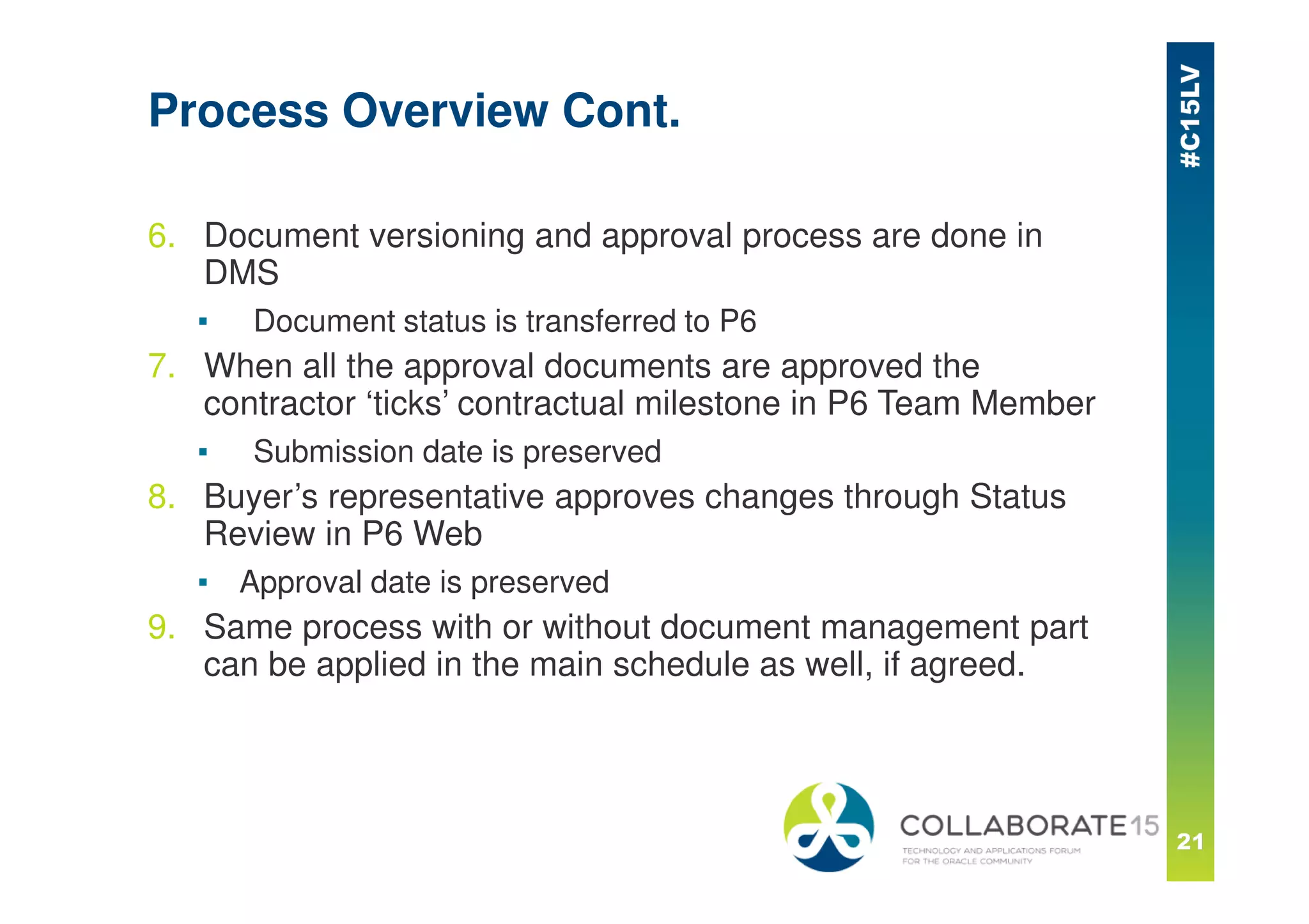 Process Overview Cont.
6. Document versioning and approval process are done in
DMS
▪ Document status is transferred to P6
7. When all the approval documents are approved the
contractor ‘ticks’ contractual milestone in P6 Team Member
▪ Submission date is preserved
8. Buyer’s representative approves changes through Status
Review in P6 Web
▪ Approval date is preserved
9. Same process with or without document management part
can be applied in the main schedule as well, if agreed.
 