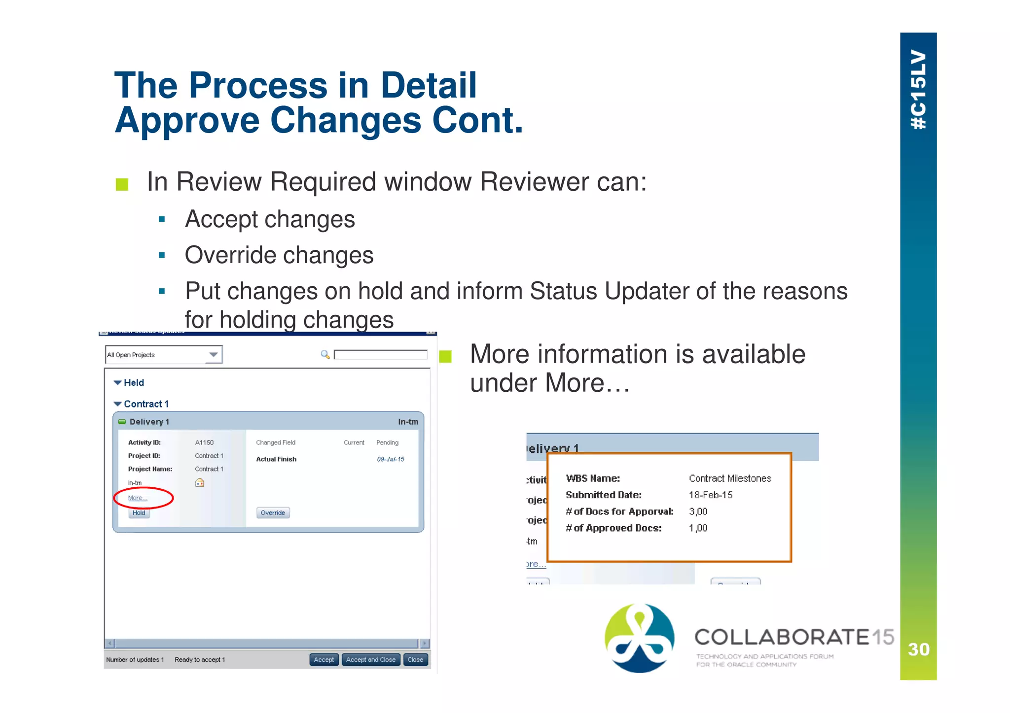 The Process in Detail
Approve Changes Cont.
■ In Review Required window Reviewer can:
▪ Accept changes
▪ Override changes
▪ Put changes on hold and inform Status Updater of the reasons
for holding changes
■ More information is available
under More…
 
