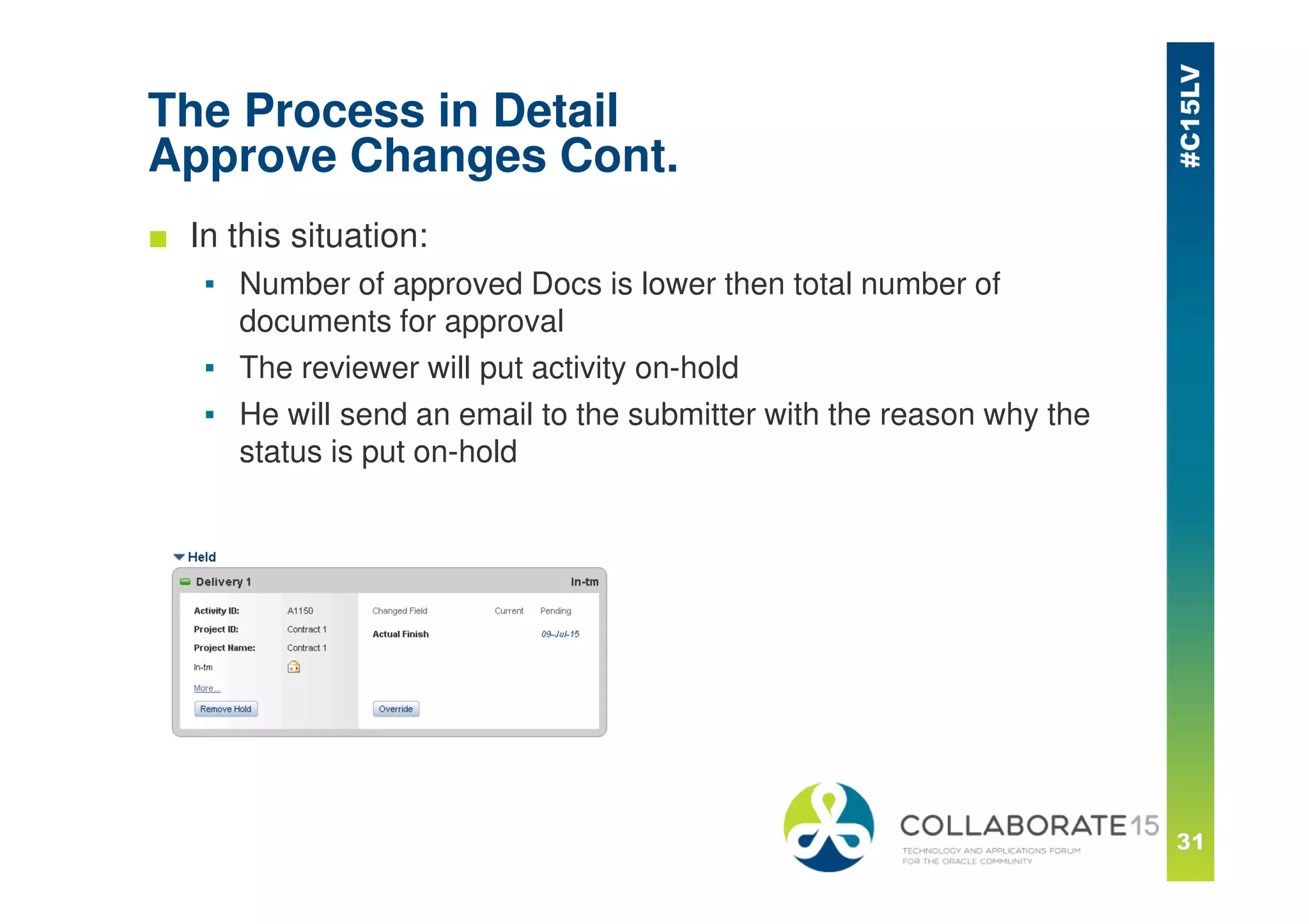 The Process in Detail
Approve Changes Cont.
■ In this situation:
▪ Number of approved Docs is lower then total number of
documents for approval
▪ The reviewer will put activity on-hold
▪ He will send an email to the submitter with the reason why the
status is put on-hold
 