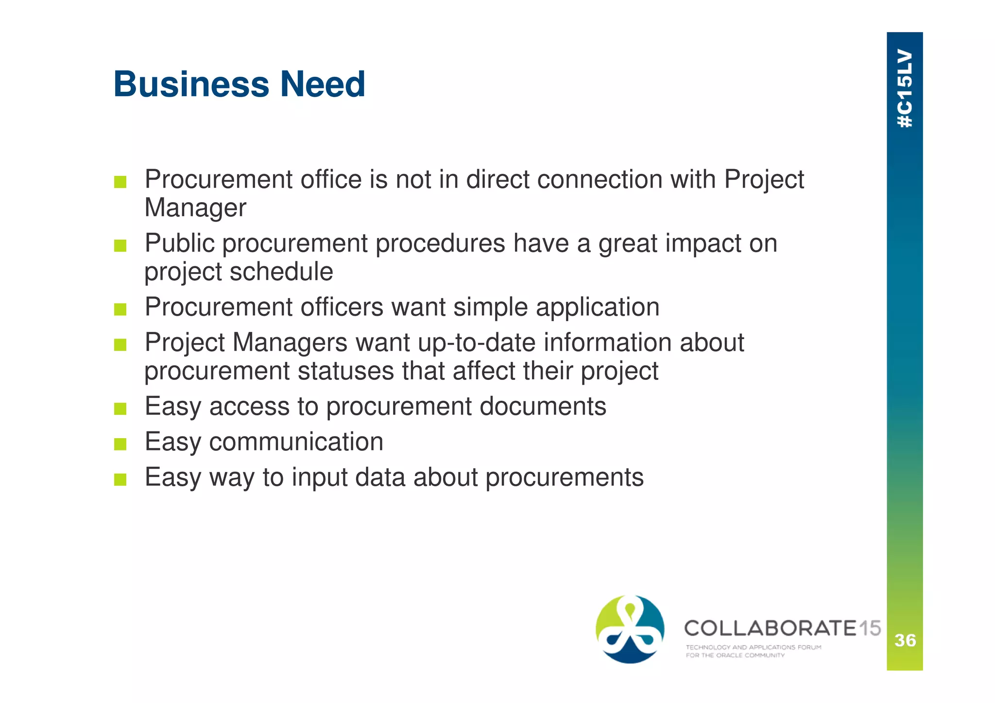 Business Need
■ Procurement office is not in direct connection with Project
Manager
■ Public procurement procedures have a great impact on
project schedule
■ Procurement officers want simple application
■ Project Managers want up-to-date information about
procurement statuses that affect their project
■ Easy access to procurement documents
■ Easy communication
■ Easy way to input data about procurements
 