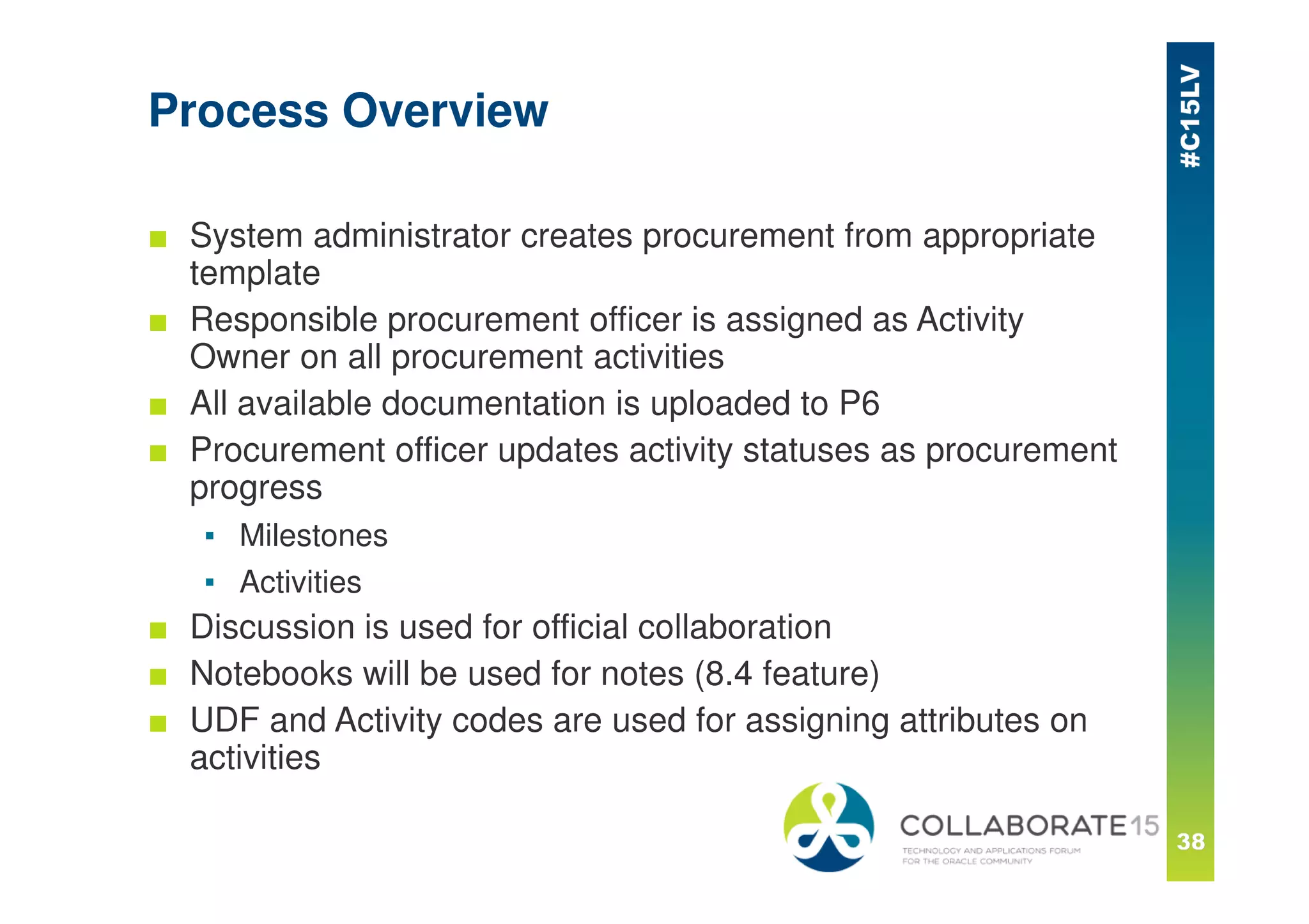 Process Overview
■ System administrator creates procurement from appropriate
template
■ Responsible procurement officer is assigned as Activity
Owner on all procurement activities
■ All available documentation is uploaded to P6
■ Procurement officer updates activity statuses as procurement
progress
▪ Milestones
▪ Activities
■ Discussion is used for official collaboration
■ Notebooks will be used for notes (8.4 feature)
■ UDF and Activity codes are used for assigning attributes on
activities
 
