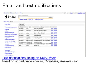 Email and text notifications                         Text notifications: using an SMS Driver Email or text advance notices, Overdues, Reserves etc. 