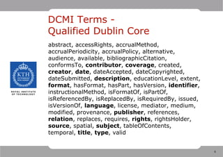 DCMI Terms -
Qualified Dublin Core
abstract, accessRights, accrualMethod,
accrualPeriodicity, accrualPolicy, alternative,
audience, available, bibliographicCitation,
conformsTo, contributor, coverage, created,
creator, date, dateAccepted, dateCopyrighted,
dateSubmitted, description, educationLevel, extent,
format, hasFormat, hasPart, hasVersion, identifier,
instructionalMethod, isFormatOf, isPartOf,
isReferencedBy, isReplacedBy, isRequiredBy, issued,
isVersionOf, language, license, mediator, medium,
modified, provenance, publisher, references,
relation, replaces, requires, rights, rightsHolder,
source, spatial, subject, tableOfContents,
temporal, title, type, valid


                                                      6
 