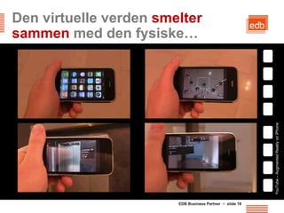 Den virtuelle verden smelter
sammen med den fysiske…




                                                          YouTube – Augmented Reality on iPhone
                        EDB Business Partner > slide 18
 