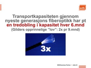 Transportkapasiteten gjennom
nyeste generasjons fiberoptikk har pt
 en tredobling i kapasitet hver 6.mnd
  (Gilders opprinnelige ”lov”: 2x pr 9.mnd)




                   3x
                             EDB Business Partner > slide 23
 