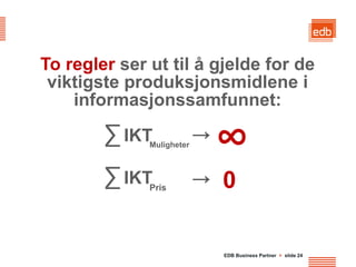 To regler ser ut til å gjelde for de
 viktigste produksjonsmidlene i
    informasjonssamfunnet:

        ∑ IKT Muligheter
                         →
                             ∞
        ∑ IKT Pris
                      →      0

                             EDB Business Partner > slide 24
 