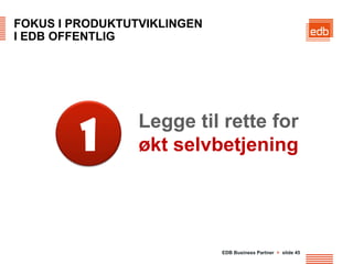 FOKUS I PRODUKTUTVIKLINGEN
I EDB OFFENTLIG




                 Legge til rette for
         1       økt selvbetjening




                             EDB Business Partner > slide 45
 