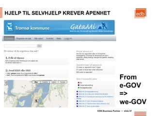 HJELP TIL SELVHJELP KREVER ÅPENHET




                                                From
                                                e-GOV
                                                =>
                                                we-GOV
                             EDB Business Partner > slide 47
 
