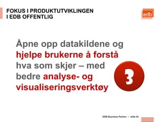 FOKUS I PRODUKTUTVIKLINGEN
I EDB OFFENTLIG




  Åpne opp datakildene og
  hjelpe brukerne å forstå
  hva som skjer – med
  bedre analyse- og
  visualiseringsverktøy
                                               3
                             EDB Business Partner > slide 52
 