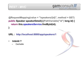 REST - MVC


@RequestMapping(value = "/speakers/{id}", method = GET)
public Speaker speakerDetail(@PathVariable("id") long id) {
  return this.speakersService.findById(id);
}

URL : http://localhost:8080/app/speakers/1

•   Intérêt ?
    –   Cachable
 