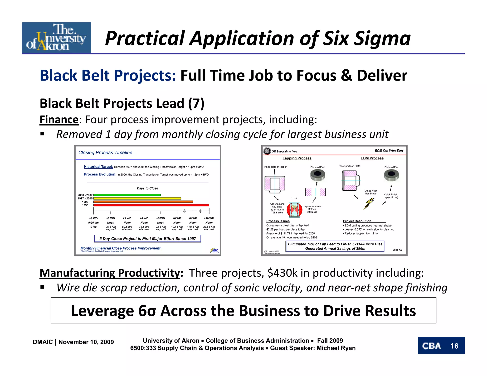 Practical Application of Six Sigma
  Black Belt Projects: Full Time Job to Focus & Deliver
   l k l        j        ll i      b          & li
  Black Belt Projects Lead (7)
  Finance: Four process improvement projects, including:
  Fi       F            i         t    j t i l di
     Removed 1 day from monthly closing cycle for largest business unit
                                                                                                                                             GE Superabrasives                                                           EDM Cut Wire Dies
              Closing Process Timeline
                                                                                                                                                           Lapping Process                                     EDM Process

                  Historical Target: Between 1997 and 2005 the Closing Transmission Target = 12pm +6WD                              Place parts on lapper                                 Place parts on EDM
                                                                                                                                                                          Finished Part                                       Finished Part


                  Process Evolution: In 2006, the Closing Transmission Target was moved up to = 12pm +5WD


                                                                     Days to Close
                                                                                                                                                                                                                Cut to Near
                                                                                                                                                                                                                Net Shape     Quick Finish
             2006 - 2007
                                                                                                                                                                                                                              Lap (<12 hrs)
             1997 - 2005
                1996
                                                                                                                                           Add Diamond
                1995                                                                                                                                                 Lapper removes
                                                                                                                                             640 g/gal
                                                                                                                                           @ 14 ml/min                   Material
                                                                                                                                                    /
                                                                                                                                            709.6 ct/hr                 49 Hours
                                                                                                                                                                           Ho rs

                       +1 WD             +2 WD            +3 WD       +4 WD      +5 WD       +6 WD       +8 WD      +10 WD
                      9:30 am             Noon             Noon        Noon       Noon        Noon        Noon        Noon             Process Issues                                        Project Resolution
                        0 hrs            26.5 hrs         50.5 hrs    74.5 hrs   98.5 hrs   122.5 hrs   170.5 hrs   218.5 hrs         •Consumes a great deal of lap feed                     • EDM cutting produces near-net shape
                                         elapsed          elapsed     elapsed    elapsed     elapsed     elapsed     elapsed          •$2.28 per hour, per piece to lap                      • Leaves 0.050” on each side for clean up
                                                                                                                                      •Average of $111.72 in lap feed for 5208               • Reduces lapping to <12 hrs
                                                                                                                                      •On average 49 hours needed to lap 5208
                                  5 Day Close Project is First Major Effort Since 1997
                                                                                                                                                             Eliminated 75% of Lap Feed to Finish 5211/08 Wire Dies
               Monthly Financial Close Process Improvement                                                                                                             Generated Annual Savings of $96m
               Global Finance Quality & Process Improvement                                                               CIS   4
                                                                                                                                    MCR / March 8, 2002
                                                                                                                                    Wire Cut Summary.ppt
                                                                                                                                                                                                                                      Slide 1/2




  Manufacturing Productivity:  Three projects, $430k in productivity including:
    Wire die scrap reduction, control of sonic velocity, and near‐net shape finishing

           Leverage 6σ A
           L        6 Across the Business to Drive Results
                             th B i       t D i R lt
DMAIC | November 10, 2009                                           University of Akron • College of Business Administration • Fall 2009
                                                                6500:333 Supply Chain & Operations Analysis • Guest Speaker: Michael Ryan                                                                                                         16
 