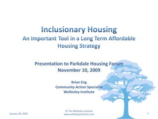 Presentation to Parkdale Housing Forum November 10, 2009 Brian Eng Community Action Specialist Wellesley Institute January 28, 2010 