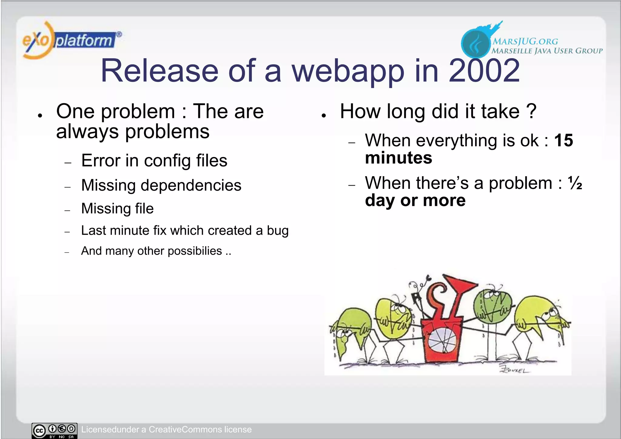 Release of a webapp in 2002One problem : The are always problemsError in config filesMissing dependenciesMissing fileLast minute fix which created a bugAnd many other possibilies ..How long did it take ?When everything is ok : 15 minutesWhen there’s a problem : ½ day or more