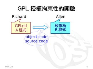 GPL 授權拘束性的開啟
        Richard                Allen

             GPLed             改作為
             A 程式              B 程式
                 object code
                 source code




2009/11/13                             62
 
