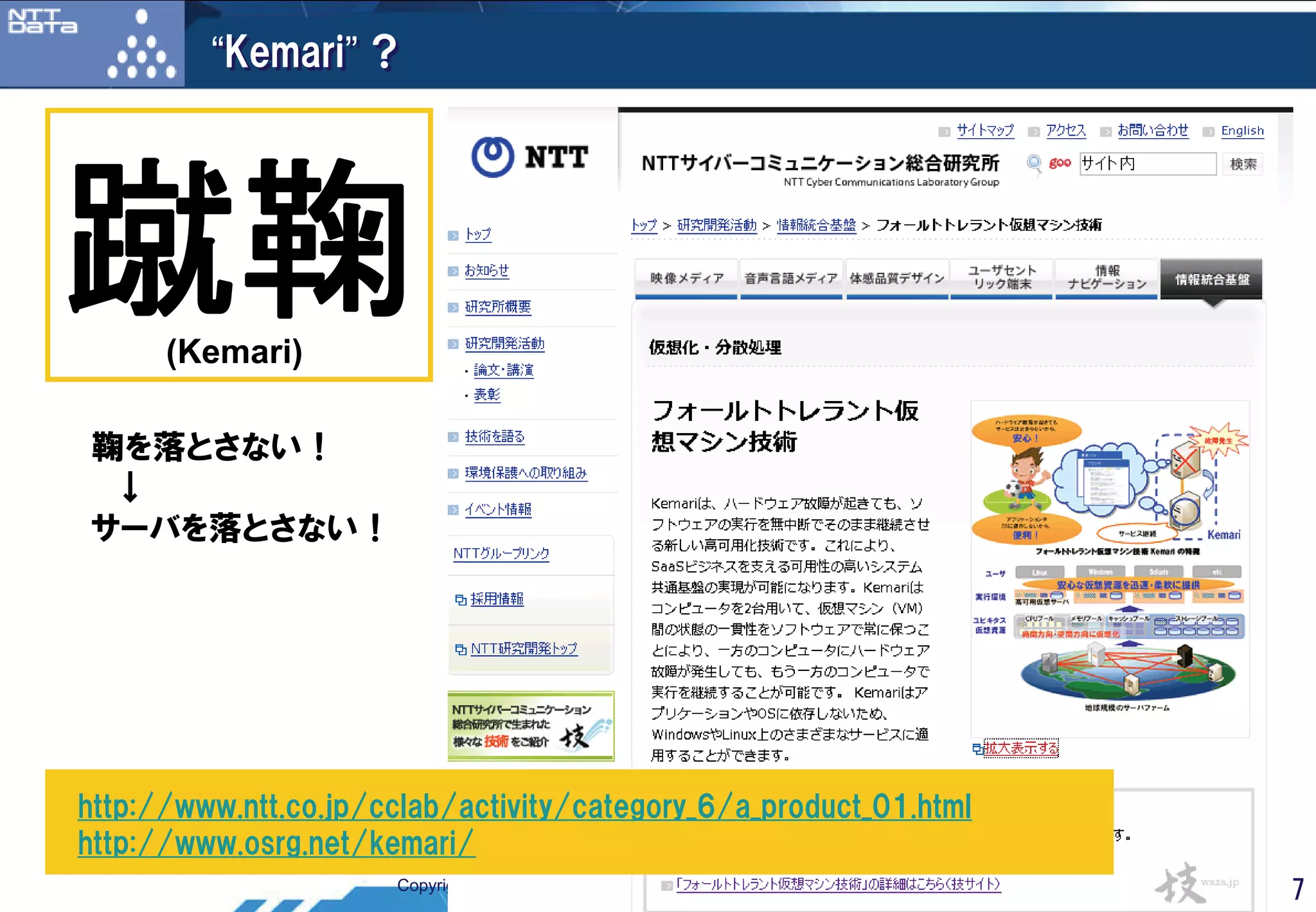 “Kemari” ?




蹴鞠    (Kemari)

鞠を落とさない！
 ↓
サーバを落とさない！




http://www.ntt.co.jp/cclab/activity/category_6/a_product_01.html
http://www.osrg.net/kemari/
                      Copyright © 2007-2008 Nippon Telegraph and Telephone Corporation   17   17
                                     Copyright ©2009 NTT DATA Corporation
 
