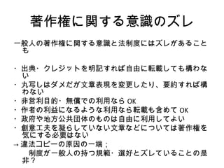 著作権に関する意識のズレ
一般人の著作権に関する意識と法制度にはズレがあること
 も

・出典・クレジットを明記すれば自由に転載しても構わな
  い
・丸写しはダメだが文章表現を変更したり、要約すれば構
  わない
・非営利目的・無償での利用なら OK
・作者の利益になるような利用なら転載も含めて OK
・政府や地方公共団体のものは自由に利用してよい
・創意工夫を凝らしていない文章などについては著作権を
  気にする必要はない
→ 違法コピーの原因の一端；
　　制度が一般人の持つ規範・選好とズレていることの是
  非？
 