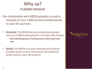 Why us? A global network Our relationship with MEDA provides us with a network of over 3,000 business professionals in over 40 countries   Domestic:  The MEDA business association provides access to 2,900 businesspeople in Canada, USA, Europe  Self-selected group of entrepreneurs who know and care Global:  The MEDA economic development institute provides access to over 250 business development professionals in over 40 countries 