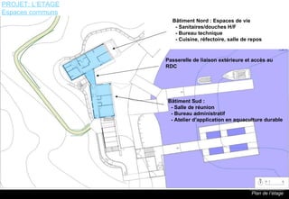 Plan de l’étage B âtiment Nord :  Espaces de vie   - Sanitaires/douches H/F   - Bureau technique   - Cuisine, réfectoire, salle de repos PROJET: L’ETAGE Espaces communs Passerelle de liaison extérieure et accès au RDC B âtiment Sud :    - Salle de réunion   - Bureau administratif   - Atelier d’application en aquaculture durable 