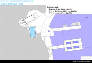 Plan du rez-de-chaussée B âtiment sud:     - Espace de stockage matériel   - Cuves de récupération eau de pluie   - Cuves réserve d’eau potable PROJET: LE REZ-DE-CHAUSSEE  Espace technique mixte  