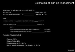 Estimation MONTANT TOTAL DES INVESTISSEMENTS Montant HT:___________________________  1 246 394  € HT Montant total des travaux TTC: ___________  1 490 687  €  TTC DONT : - MISSIONS MA I TRISE D’OUVRAGE ET D’OEUVRE ET D’ETUDES : ______ 241 237 € HT - MONTANT DES TRAVAUX : _____________________________________1 005 157 € HT DONT :  -INVESTISSEMENTS POUR LA PLATEFORME PEDAGOGIQUE : _______ 827 787 € HT -INVESTISSEMENTS POUR L’EXPLOITATION _______________________177 370 € HT PLAN DE FINANCEMENT   - Europe : 50 %   - Région PACA: 25%   - Conseil Général 13 : 12,5%   - Autres (Autofinancement, Etat, Privés…): 12,5% Estimation et plan de financement 